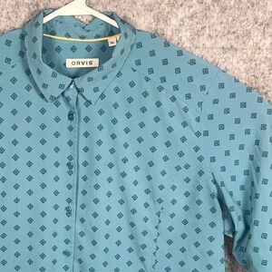 Orvis Women's XL Blue Geometric Diamond Print Stretch Button Down Shirt 295011